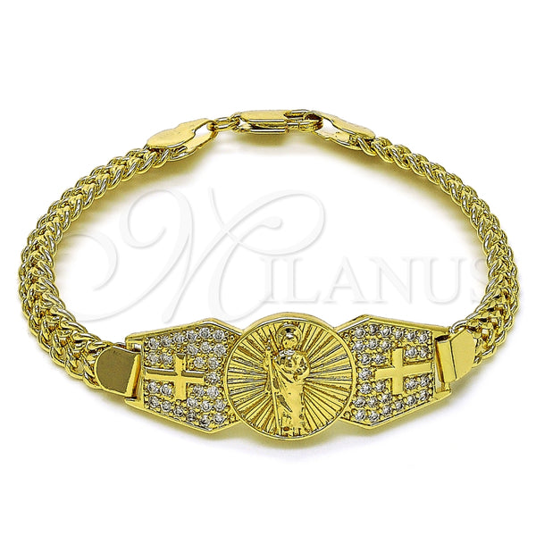 Pulsera Elegante 03.411.0040.08 Oro Laminado, Diseño de San Judas y Bismarco, con Blanca Zirconia Cubica, Pulido, Tono Dorado (07 MM Thickness, 8 Inches Length)