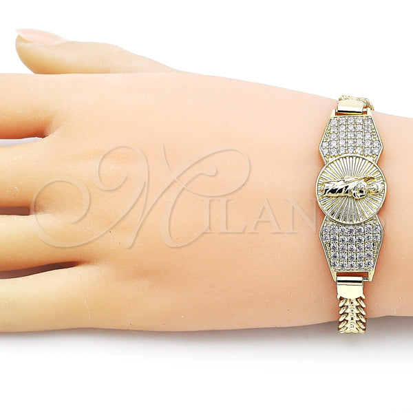 Pulsera Elegante 03.411.0042.08 Oro Laminado, Diseño de San Judas y Bismarco, con Blanca Zirconia Cubica, Pulido, Tono Dorado (07 MM Thickness, 8 Inches Length)