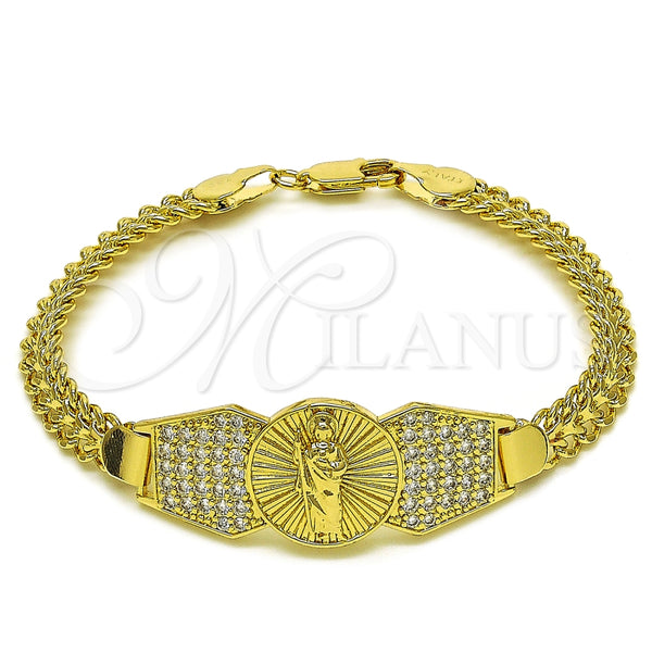Pulsera Elegante 03.411.0042.08 Oro Laminado, Diseño de San Judas y Bismarco, con Blanca Zirconia Cubica, Pulido, Tono Dorado (07 MM Thickness, 8 Inches Length)