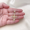 Dije Religioso 05.253.0190 Oro Laminado, Diseño de Cruz y Crucifijo, con Blanca Zirconia Cubica, Pulido, Tono Dorado