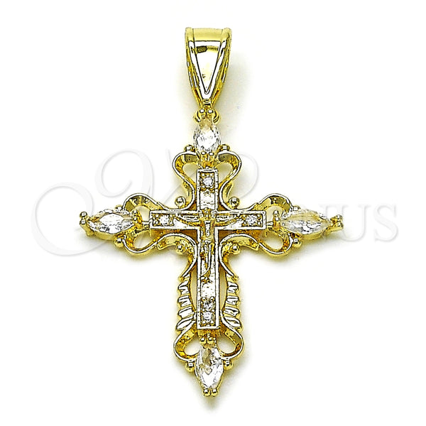 Dije Religioso 05.253.0190 Oro Laminado, Diseño de Cruz y Crucifijo, con Blanca Zirconia Cubica, Pulido, Tono Dorado