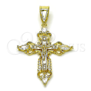 Dije Religioso 05.253.0190 Oro Laminado, Diseño de Cruz y Crucifijo, con Blanca Zirconia Cubica, Pulido, Tono Dorado