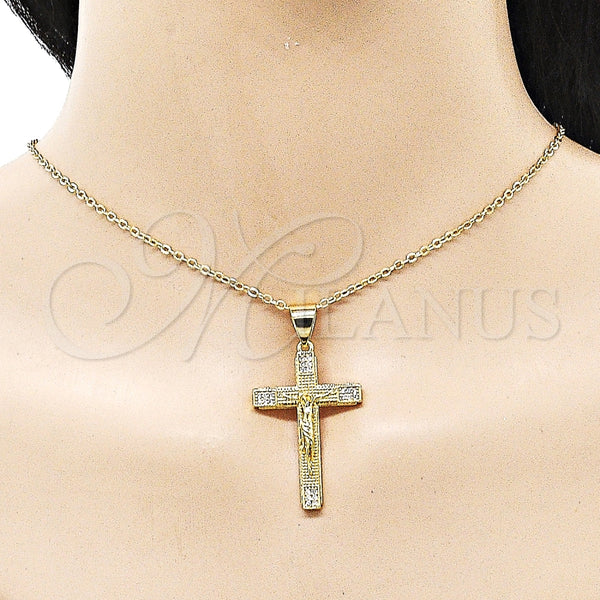 Dije Religioso 05.342.0215 Oro Laminado, Diseño de Cruz y Crucifijo, con Blanca Micro Pave, Pulido, Tono Dorado