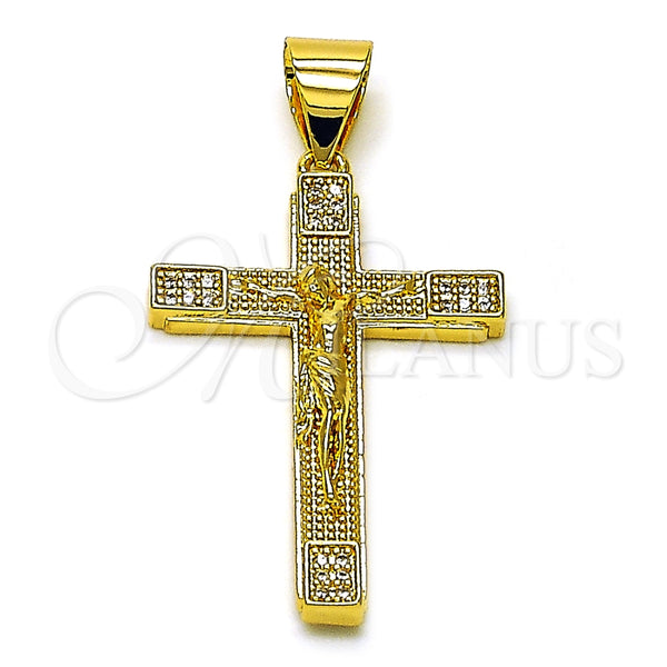 Dije Religioso 05.342.0215 Oro Laminado, Diseño de Cruz y Crucifijo, con Blanca Micro Pave, Pulido, Tono Dorado