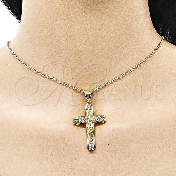 Dije Religioso 05.342.0217 Oro Laminado, Diseño de Cruz y Crucifijo, con Blanca Micro Pave, Pulido, Tono Dorado