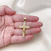 Dije Religioso 05.342.0217 Oro Laminado, Diseño de Cruz y Crucifijo, con Blanca Micro Pave, Pulido, Tono Dorado