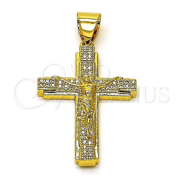 Dije Religioso 05.342.0217 Oro Laminado, Diseño de Cruz y Crucifijo, con Blanca Micro Pave, Pulido, Tono Dorado