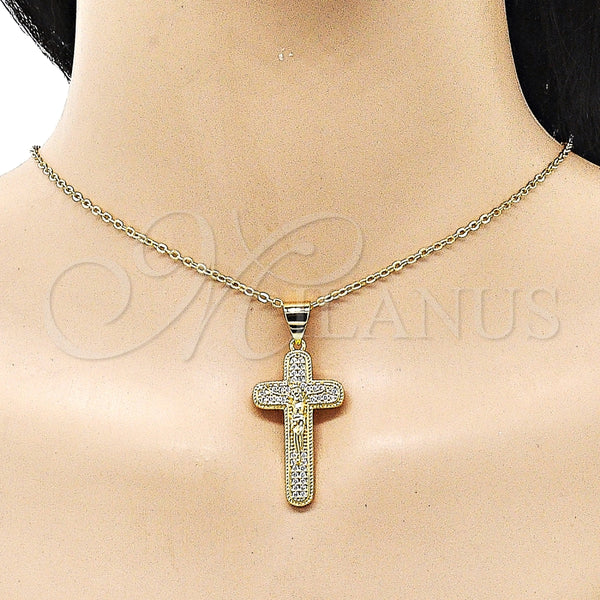Dije Religioso 05.342.0218 Oro Laminado, Diseño de Cruz y Crucifijo, con Blanca Micro Pave, Pulido, Tono Dorado