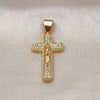 Dije Religioso 05.342.0218 Oro Laminado, Diseño de Cruz y Crucifijo, con Blanca Micro Pave, Pulido, Tono Dorado