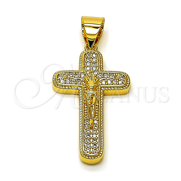 Dije Religioso 05.342.0218 Oro Laminado, Diseño de Cruz y Crucifijo, con Blanca Micro Pave, Pulido, Tono Dorado