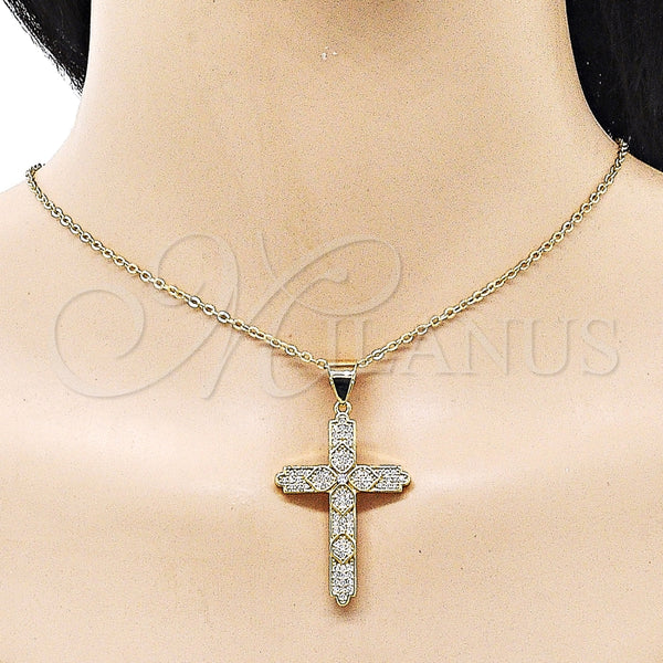 Dije Religioso 05.342.0227 Oro Laminado, Diseño de Cruz y Trébol de Cuatro Hojas, con Blanca Micro Pave, Pulido, Tono Dorado