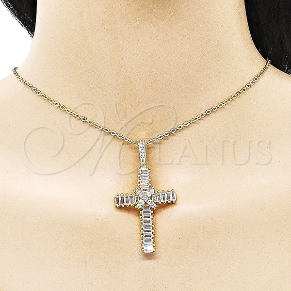 Dije Religioso 05.342.0232 Oro Laminado, Diseño de Cruz y Baguette, con Blanca Zirconia Cubica, Pulido, Tono Dorado