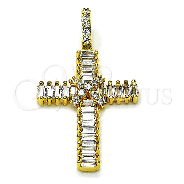 Dije Religioso 05.342.0232 Oro Laminado, Diseño de Cruz y Baguette, con Blanca Zirconia Cubica, Pulido, Tono Dorado