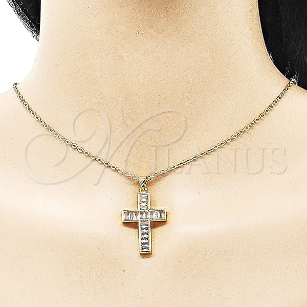 Dije Religioso 05.341.0098 Oro Laminado, Diseño de Cruz y Baguette, con Blanca Zirconia Cubica, Pulido, Tono Dorado