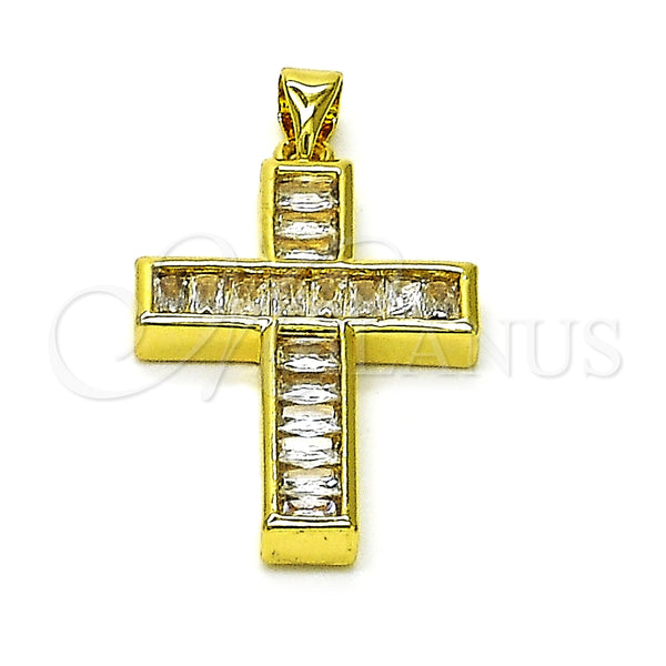 Dije Religioso 05.341.0098 Oro Laminado, Diseño de Cruz y Baguette, con Blanca Zirconia Cubica, Pulido, Tono Dorado