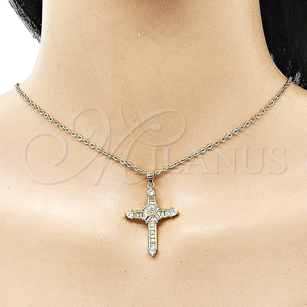 Dije Religioso 05.341.0099 Oro Laminado, Diseño de Cruz y Baguette, con Blanca Zirconia Cubica, Pulido, Tono Dorado