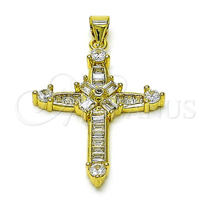 Dije Religioso 05.341.0099 Oro Laminado, Diseño de Cruz y Baguette, con Blanca Zirconia Cubica, Pulido, Tono Dorado