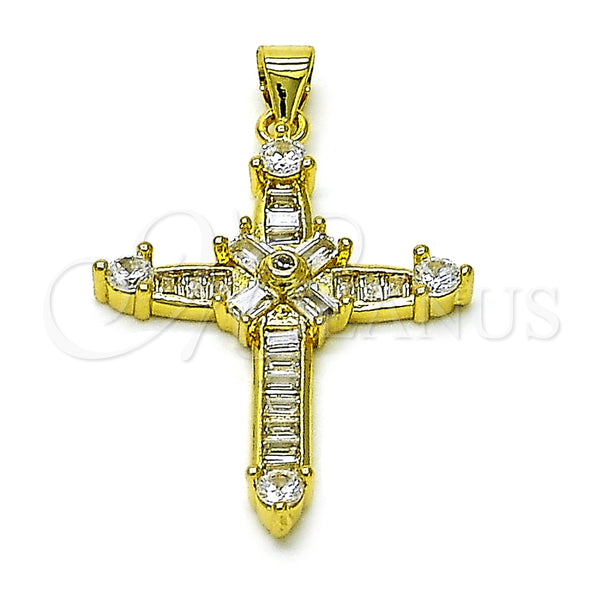 Dije Religioso 05.341.0099 Oro Laminado, Diseño de Cruz y Baguette, con Blanca Zirconia Cubica, Pulido, Tono Dorado