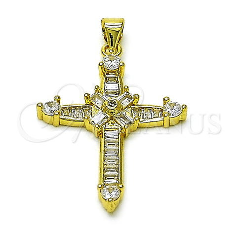 Dije Religioso 05.341.0099 Oro Laminado, Diseño de Cruz y Baguette, con Blanca Zirconia Cubica, Pulido, Tono Dorado