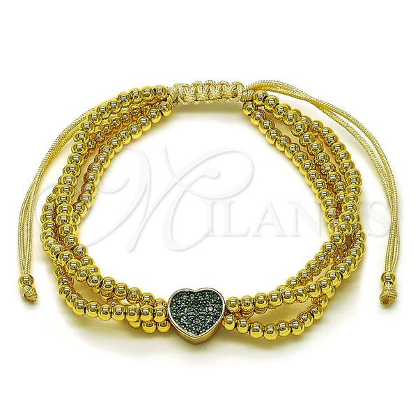 Pulsera Bolo Ajustable 03.341.0234.1.11 Oro Laminado, Diseño de Corazón y Bola, con Verde Micro Pave, Pulido, Dos Tonos (09 MM Thickness, 11 Inches Length)