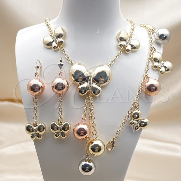 Collar, Pulsera, Dije y Anillo 06.372.0084 Oro Laminado, Diseño de Mariposa y Bola, con Blanca Cristal, Pulido, Tres Tonos