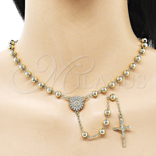 Rosario Mediano 09.213.0048.24 Oro Laminado, Diseño de Guadalupe y Cruz, con Blanca Zirconia Cubica, Pulido, Tono Dorado
