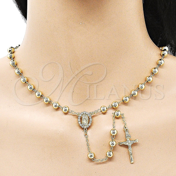 Rosario Mediano 09.213.0049.24 Oro Laminado, Diseño de Guadalupe y Cruz, con Zirconia Cubica Blanca, Pulido, Tono Dorado