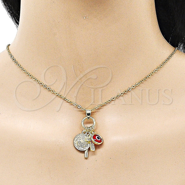 Dije Religioso 05.213.0169 Oro Laminado, Diseño de Cruz y San Benito, con Blanca Micro Pave and Granate Cristal, Pulido, Tono Dorado