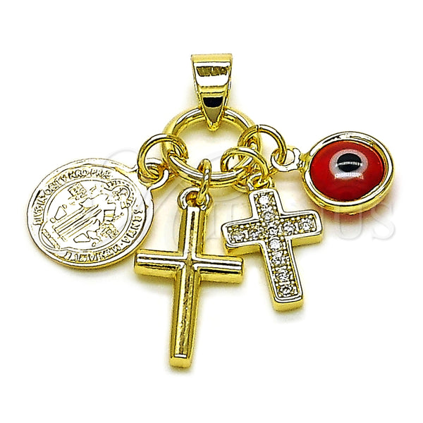 Dije Religioso 05.213.0169 Oro Laminado, Diseño de Cruz y San Benito, con Blanca Micro Pave and Granate Cristal, Pulido, Tono Dorado