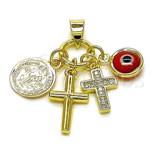 Dije Religioso 05.213.0169 Oro Laminado, Diseño de Cruz y San Benito, con Blanca Micro Pave and Granate Cristal, Pulido, Tono Dorado