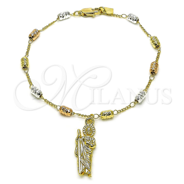 Rosario de Pulsera 09.253.0077.08 Oro Laminado, Diseño de San Judas y Figaro, Diamantado, Tres Tonos
