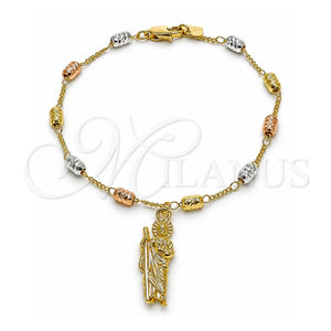 Rosario de Pulsera 09.253.0077.08 Oro Laminado, Diseño de San Judas y Figaro, Diamantado, Tres Tonos