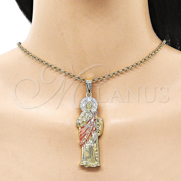 Dije Religioso 05.411.0067 Oro Laminado, Diseño de San Judas y Llave Griega, con Blanca Cristal, Pulido, Tres Tonos