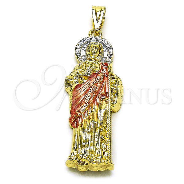 Dije Religioso 05.411.0067 Oro Laminado, Diseño de San Judas y Llave Griega, con Blanca Cristal, Pulido, Tres Tonos