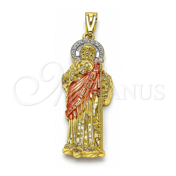 Dije Religioso 05.411.0067 Oro Laminado, Diseño de San Judas y Llave Griega, con Cristal Blanca, Pulido, Tres Tonos