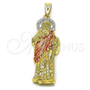 Dije Religioso 05.411.0067 Oro Laminado, Diseño de San Judas y Llave Griega, con Blanca Cristal, Pulido, Tres Tonos