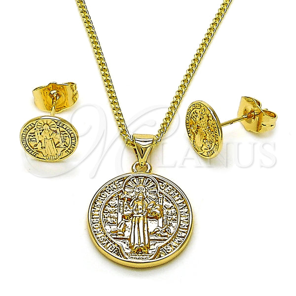 Juego de Arete y Dije de Adulto 10.60.0007 Oro Laminado, Diseño de San Benito, Pulido, Tono Dorado