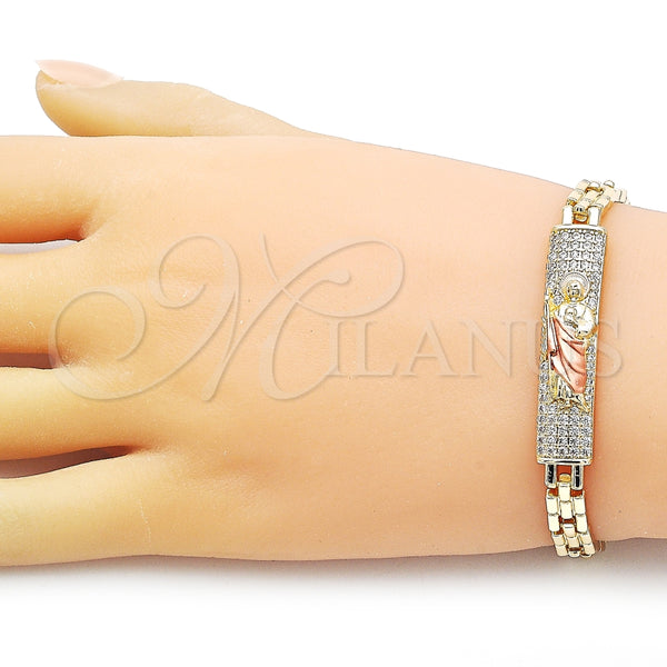Pulsera Elegante 03.411.0050.1.08 Oro Laminado, Diseño de San Judas y Con Nombre, con Blanca Zirconia Cubica, Pulido, Tres Tonos (06 MM Thickness, 8 Inches Length)