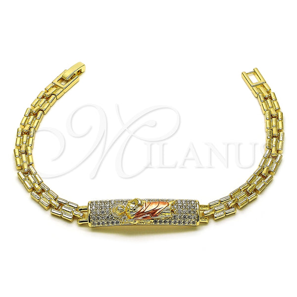 Pulsera Elegante 03.411.0050.1.08 Oro Laminado, Diseño de San Judas y Con Nombre, con Blanca Zirconia Cubica, Pulido, Tres Tonos (06 MM Thickness, 8 Inches Length)