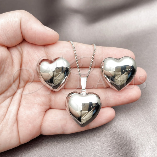 Juego de Arete y Dije de Adulto 10.195.0071.1 Rodio Laminado, Diseño de Corazón y Hueco, Pulido, Rodinado
