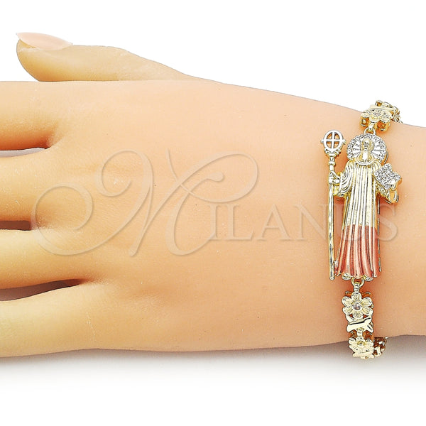 Pulsera Elegante 03.411.0052.08 Oro Laminado, Diseño de San Benito y Flor, con Blanca Zirconia Cubica, Pulido, Tres Tonos (06 MM Thickness, 8 Inches Length)