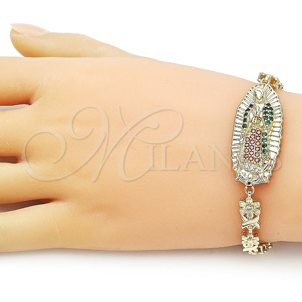 Pulsera Elegante 03.411.0053.08 Oro Laminado, Diseño de Guadalupe y Flor, con Blanca and Granate Zirconia Cubica, Pulido, Tono Dorado (06 MM Thickness, 8 Inches Length)