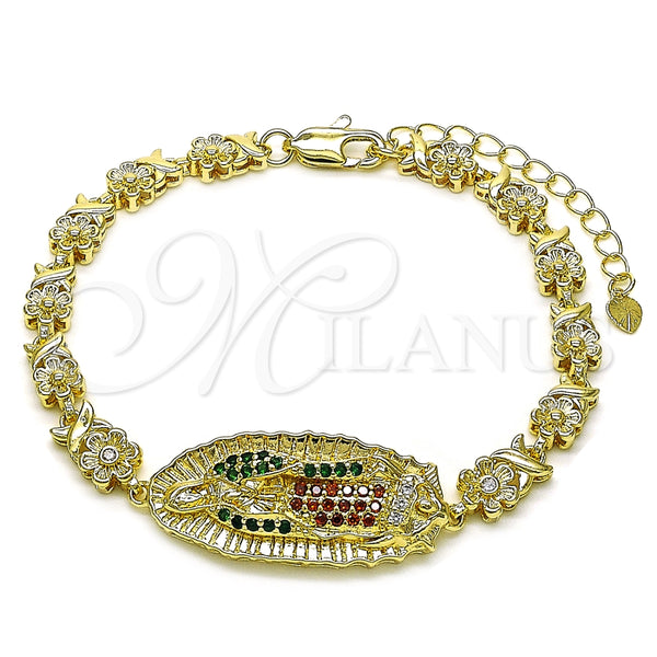 Pulsera Elegante 03.411.0053.08 Oro Laminado, Diseño de Guadalupe y Flor, con Blanca and Granate Zirconia Cubica, Pulido, Tono Dorado (06 MM Thickness, 8 Inches Length)