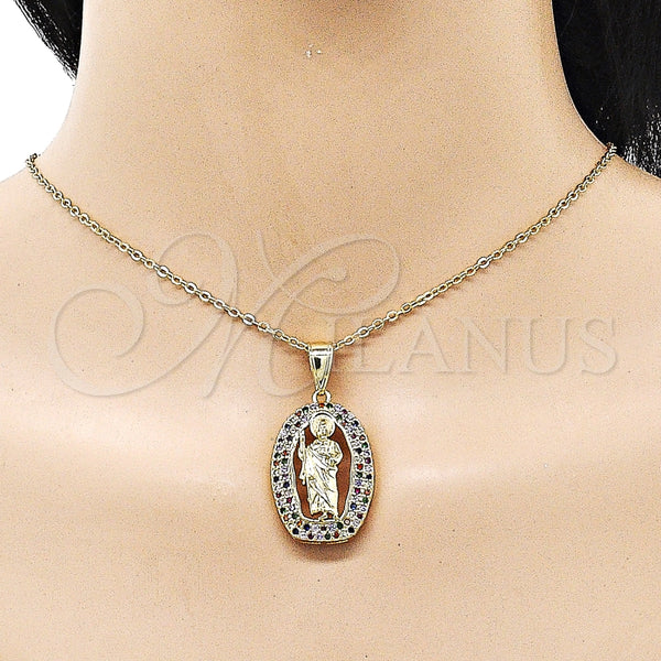 Dije Religioso 05.411.0069 Oro Laminado, Diseño de San Judas, con Multicolor Zirconia Cubica, Pulido, Tono Dorado