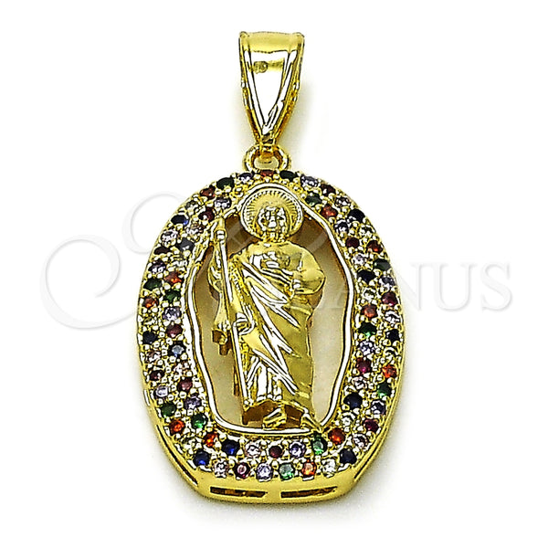 Dije Religioso 05.411.0069 Oro Laminado, Diseño de San Judas, con Multicolor Zirconia Cubica, Pulido, Tono Dorado
