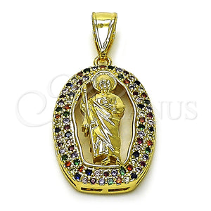 Dije Religioso 05.411.0069 Oro Laminado, Diseño de San Judas, con Multicolor Zirconia Cubica, Pulido, Tono Dorado