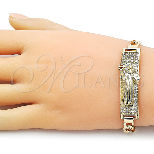 Pulsera con Placa 03.411.0056.08 Oro Laminado, Diseño de San Benito, con Blanca Zirconia Cubica, Pulido, Tono Dorado (12 MM Thickness, 8 Inches Length)