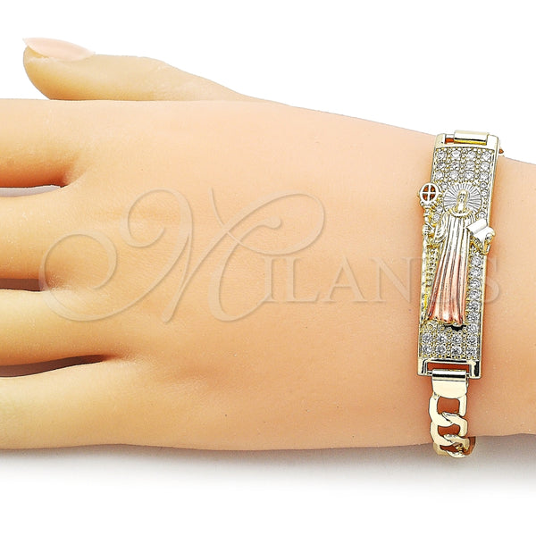 Pulsera con Placa 03.411.0056.1.08 Oro Laminado, Diseño de San Benito y Cubana, con Blanca Zirconia Cubica, Pulido, Tres Tonos (12 MM Thickness, 8 Inches Length)