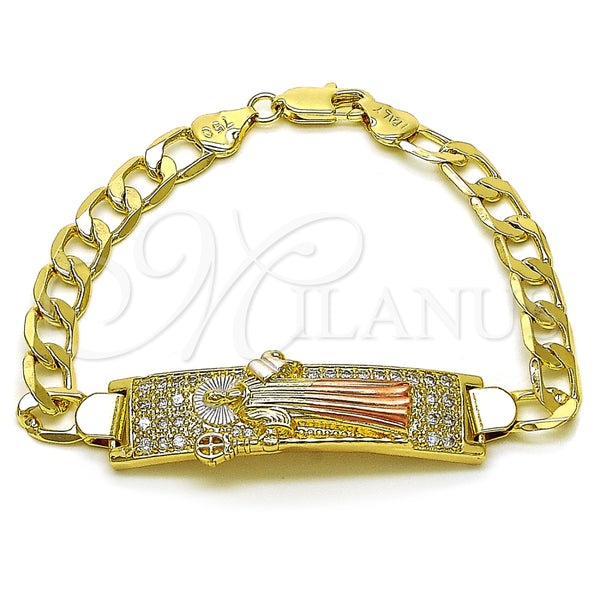 Pulsera con Placa 03.411.0056.1.08 Oro Laminado, Diseño de San Benito y Cubana, con Blanca Zirconia Cubica, Pulido, Tres Tonos (12 MM Thickness, 8 Inches Length)