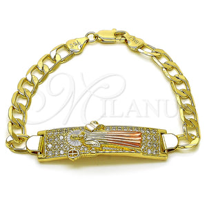 Pulsera con Placa 03.411.0056.1.08 Oro Laminado, Diseño de San Benito y Cubana, con Blanca Zirconia Cubica, Pulido, Tres Tonos (12 MM Thickness, 8 Inches Length)